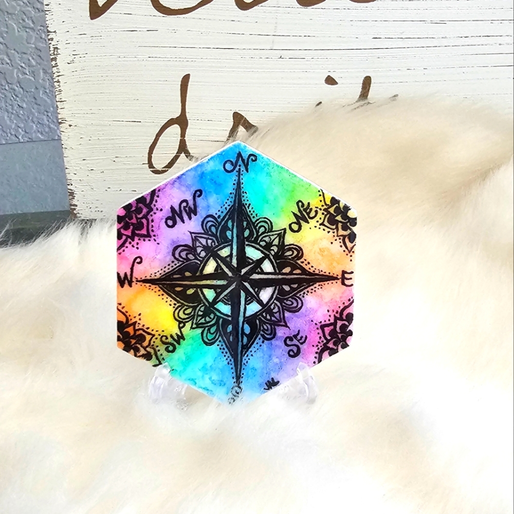 🧭🎨Original Hand Painted Compass Mandala mosaic tile🎨🧭